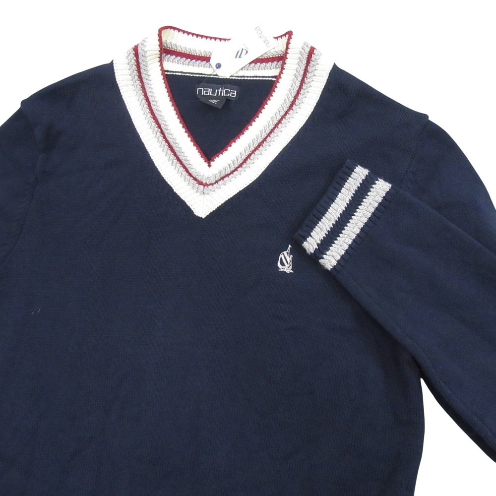 Nautica Mens Pullover Tennis Sweater L Blue Deep V Neck Preppy
